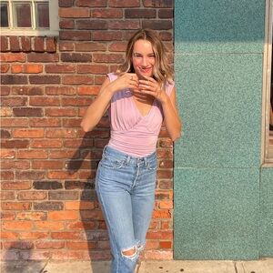 Express Lilac Ruched V-Neck Cap Sleeve Bodysuit